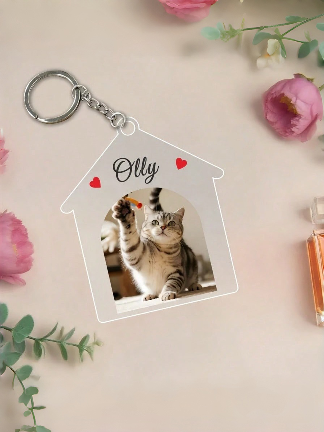 Acrylic House-Shaped Pet Keychain — Customizable with Your Pet's Photo and Name Pet Memorial Gift